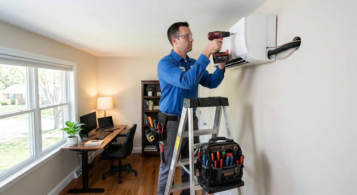 HVAC technician installing a ductless mini-split indoor unit