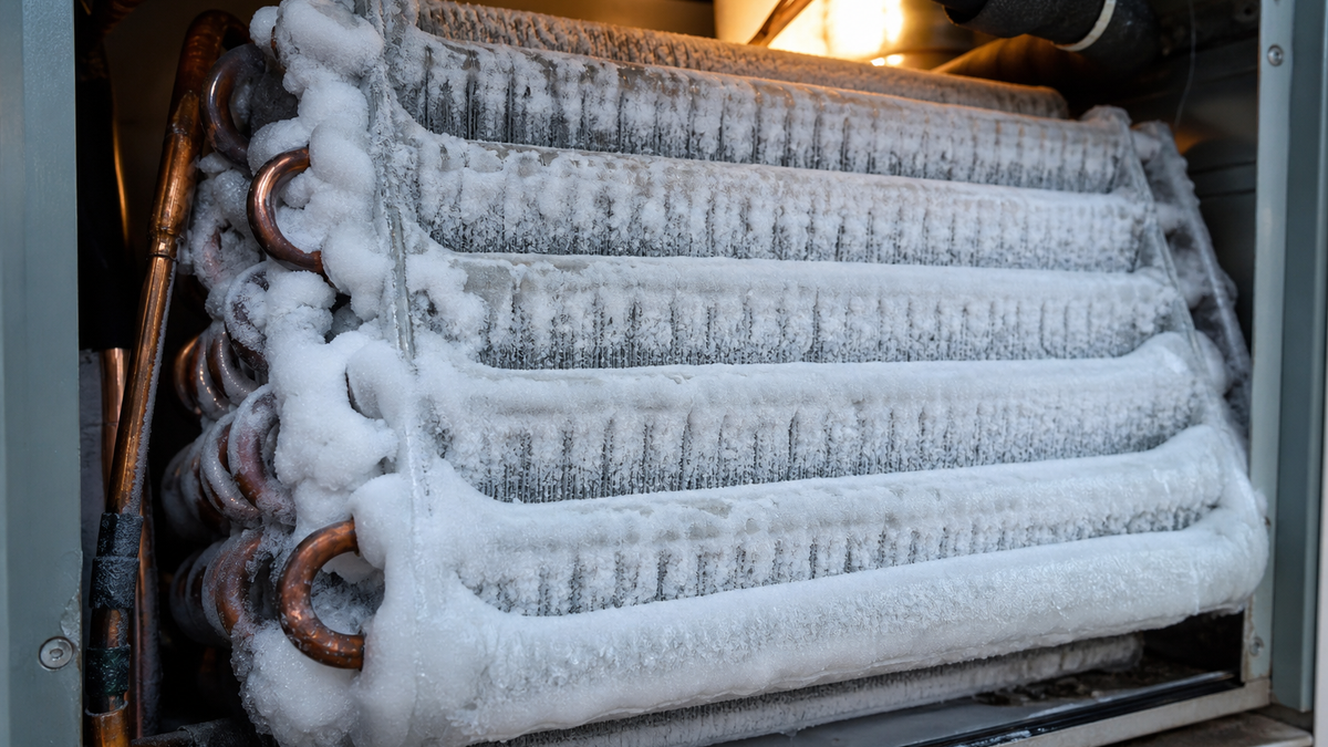 Frozen evaporator coil covered in ice inside an air handler