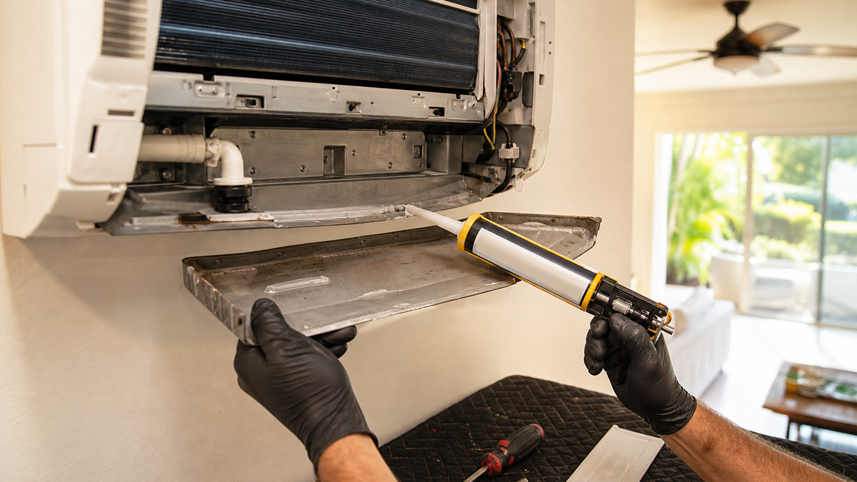 HVAC technician repairing the drain pan beneath an indoor air handler