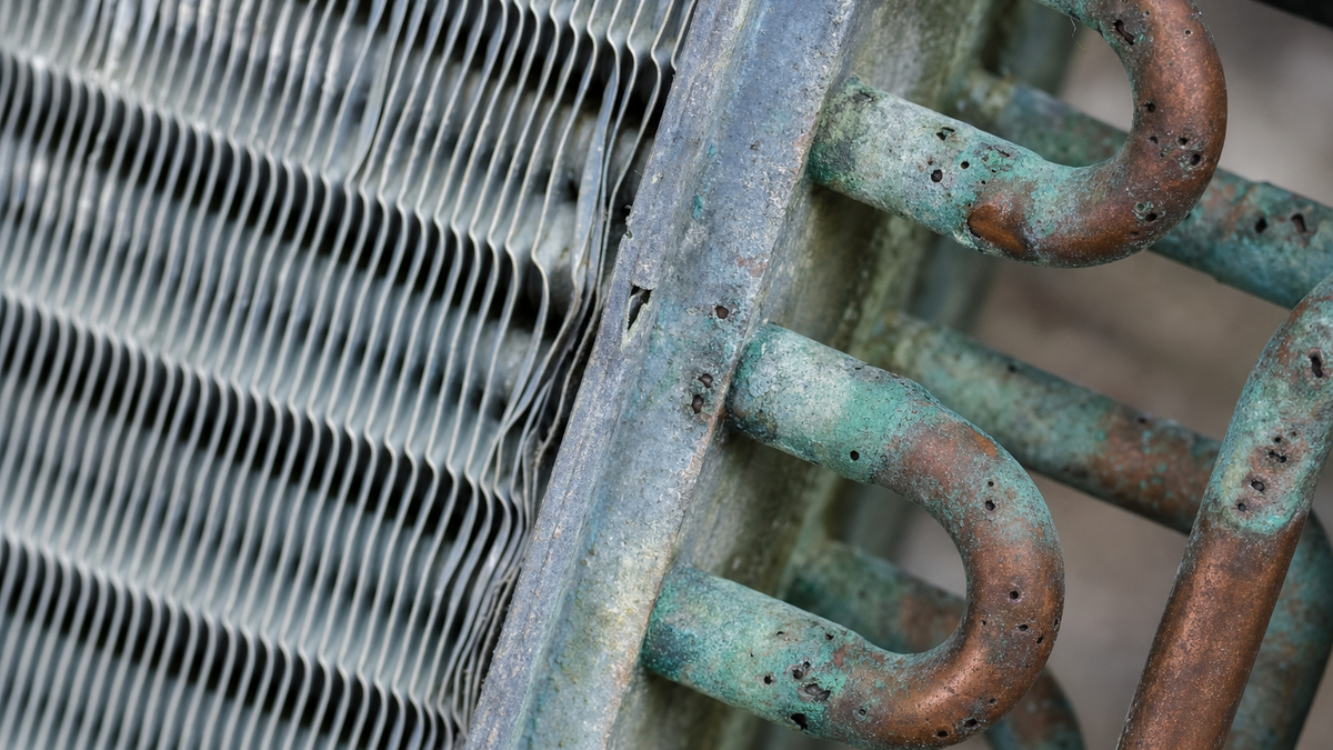 Corroded copper AC evaporator coil with pinhole corrosion from humid coastal air