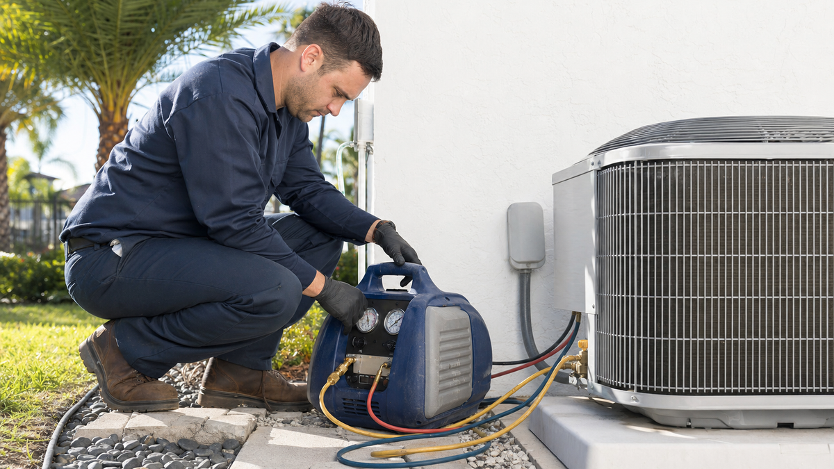 EPA-certified HVAC technician recovering refrigerant from an outdoor AC unit