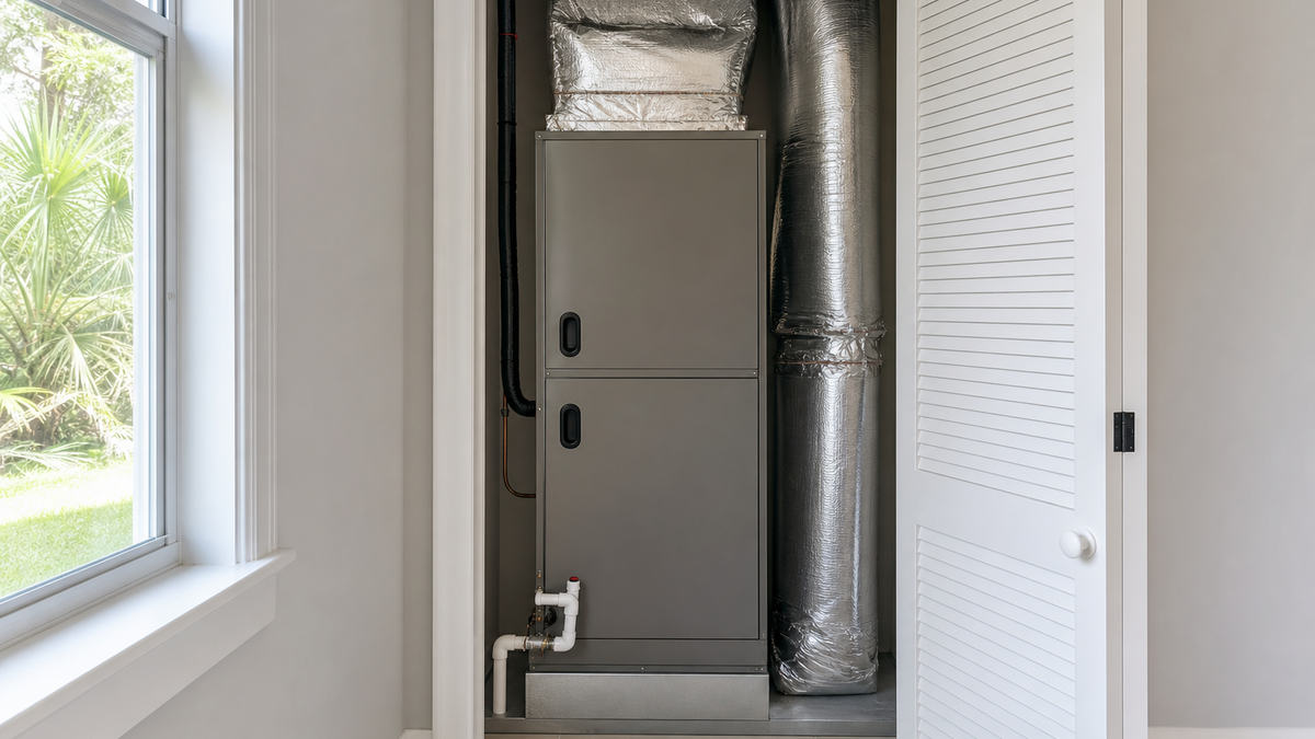 Indoor air handler installed in a Florida utility closet