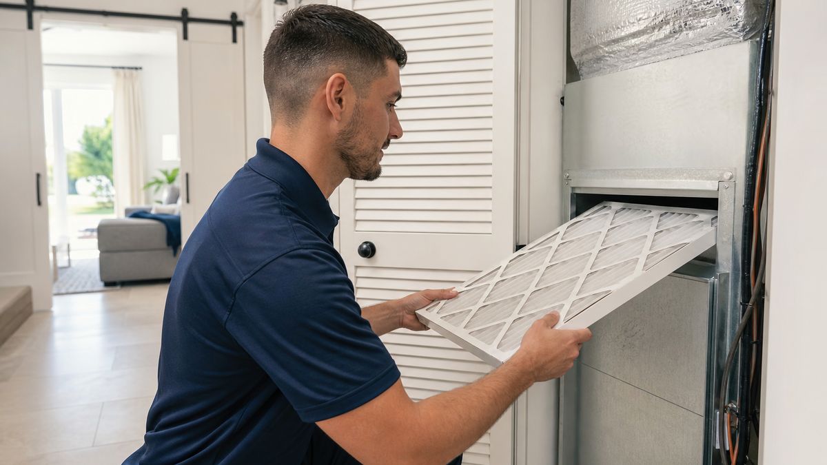 HVAC technician inspecting and changing a pleated air filter in a Florida home