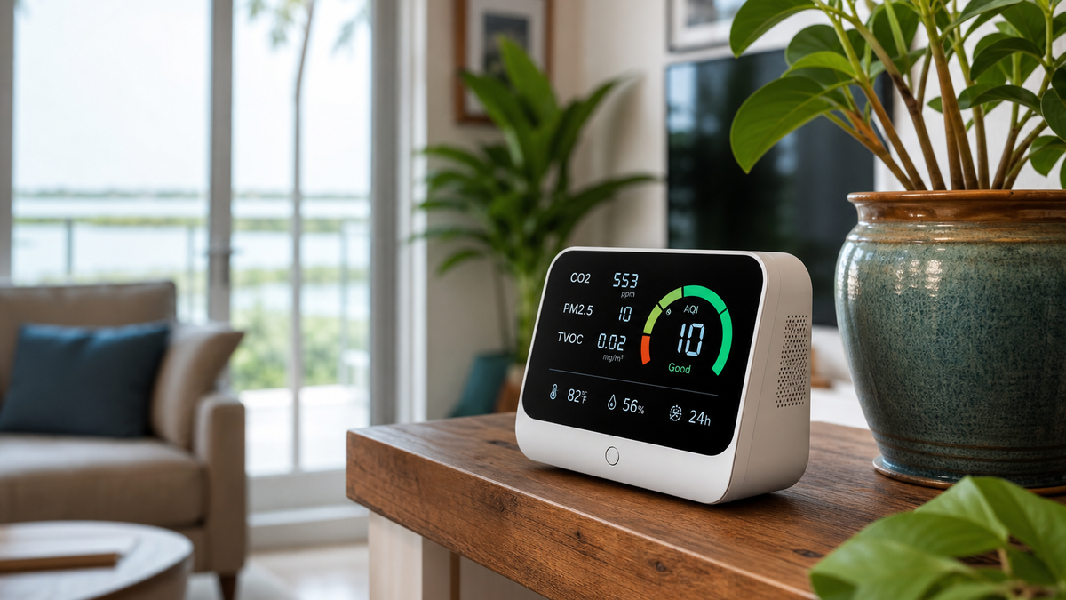 Indoor air quality monitor on a wooden shelf in a Florida living room