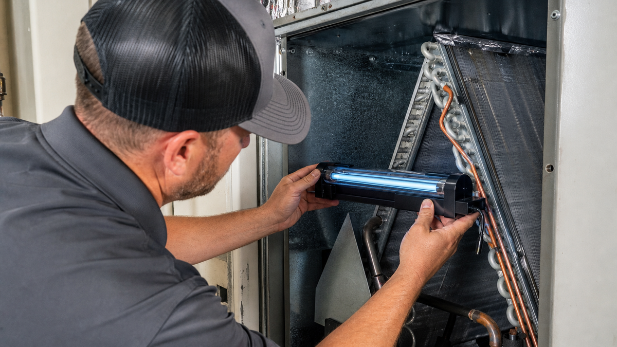 HVAC technician installing a UV-C light air purifier inside a residential air handler