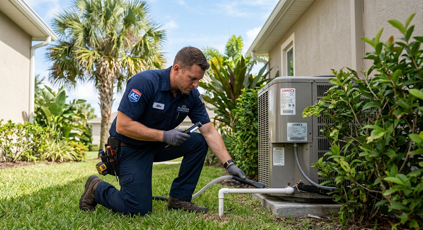 HVAC technician inspecting an outdoor AC unit condensate line