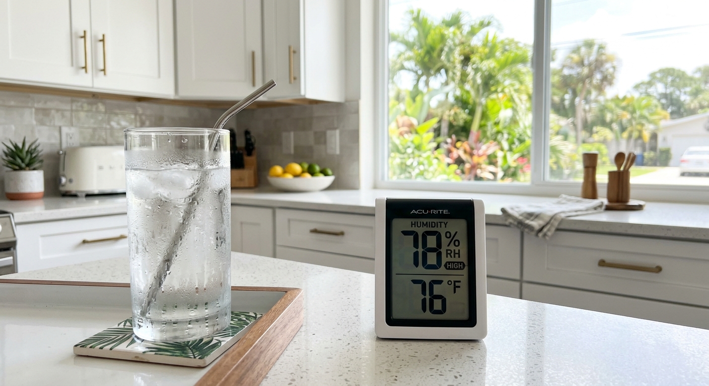 Digital hygrometer showing high humidity reading in a Florida kitchen